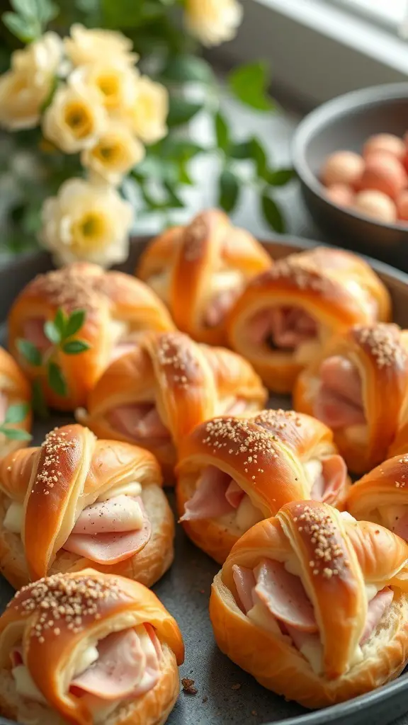 A tray of mini croissant sandwiches filled with ham and cheese, garnished with sesame seeds.