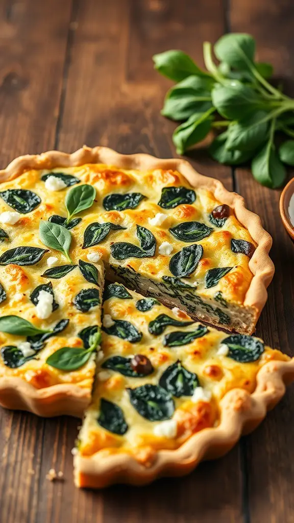 A delicious spinach and feta quiche with a golden crust, garnished with fresh spinach leaves.