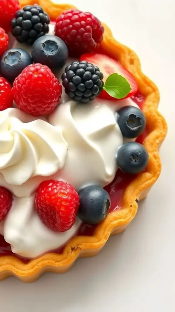 A delicious berry tart topped with raspberries, blueberries, and blackberries, with whipped cream and a mint leaf.