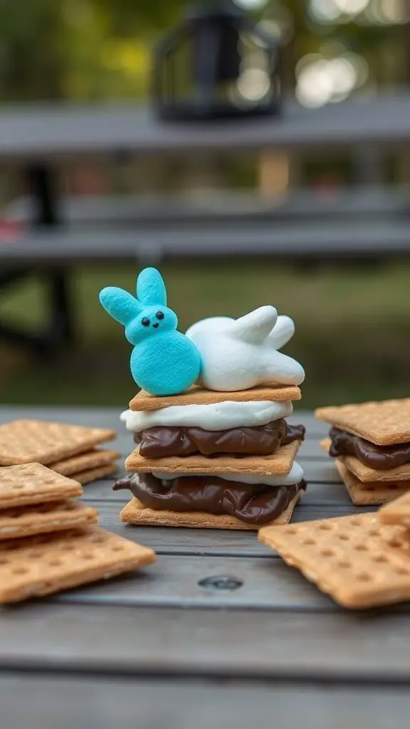 A stack of Peep S'mores with colorful marshmallow bunnies on top, surrounded by graham crackers.