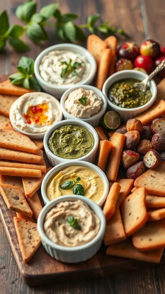 A variety of savory dips and spreads on a charcuterie board, including hummus, pesto, and crackers.