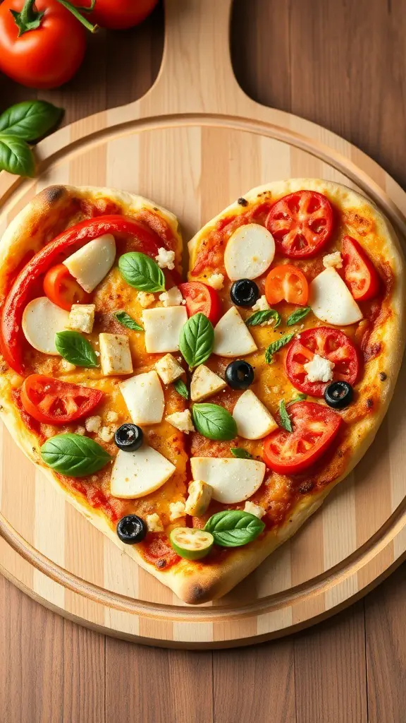 Heart-shaped pizza topped with tomatoes, mozzarella, olives, and basil on a wooden board.
