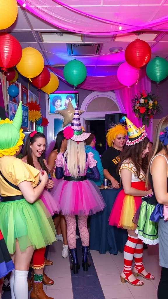 A lively themed costume party with colorful decorations and guests in vibrant costumes.