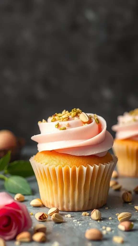Pistachio rose cupcakes with pink frosting and chopped pistachios on top