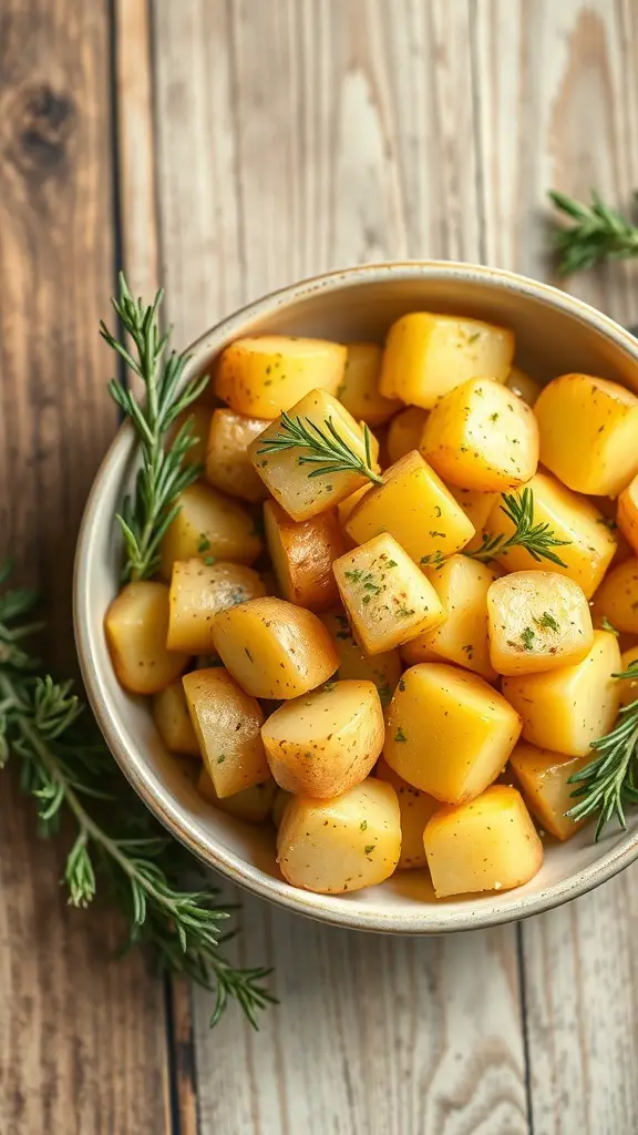 Bowl of rosemary infused breakfast potatoes with fresh rosemary sprigs on a wooden table