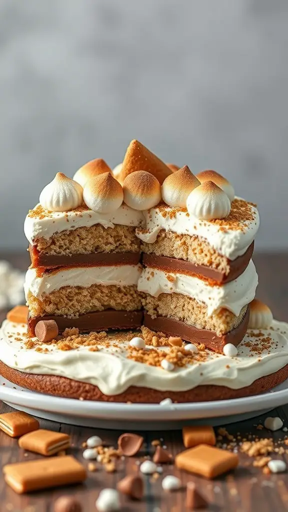 A s'mores inspired bento cake with layers of cake and chocolate, topped with toasted meringue and decorated with graham cracker crumbs.