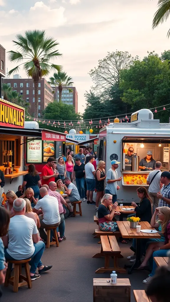 A lively food truck festival with people enjoying various food options.