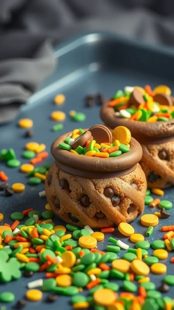 Pot of Gold Chocolate Chip Cookies decorated with colorful sprinkles