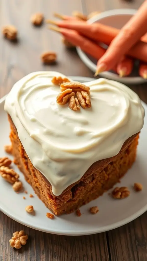 Heart-shaped carrot cake with cream cheese frosting and walnuts on top
