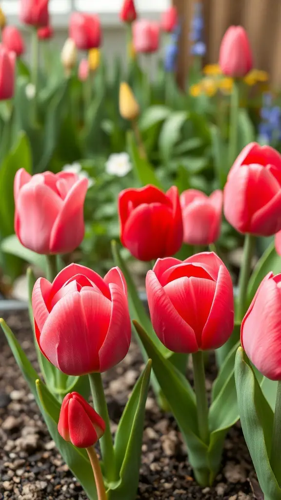 A garden filled with pink tulips, showcasing their vibrant colors and natural beauty.