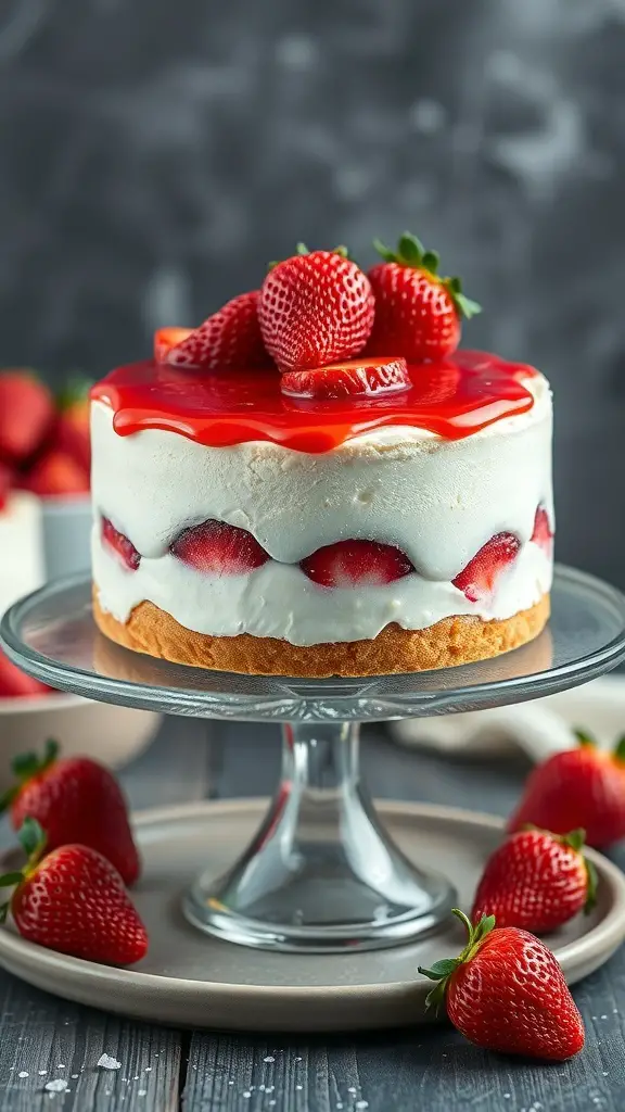A strawberry cheesecake poke cake topped with fresh strawberries and glaze.