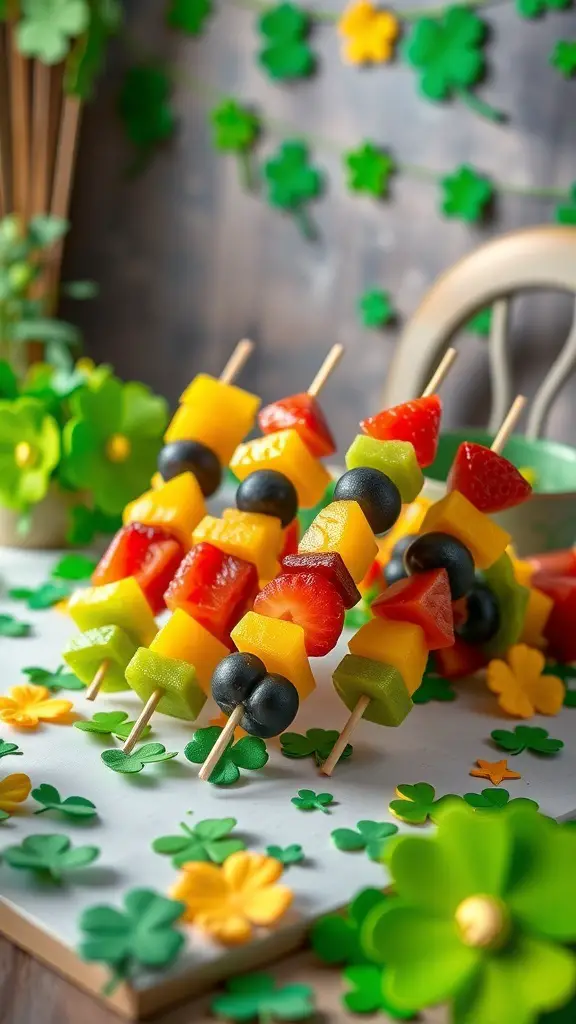 Colorful fruit skewers made with strawberries, oranges, pineapple, green grapes, blueberries, and purple grapes, decorated for St. Patrick's Day.