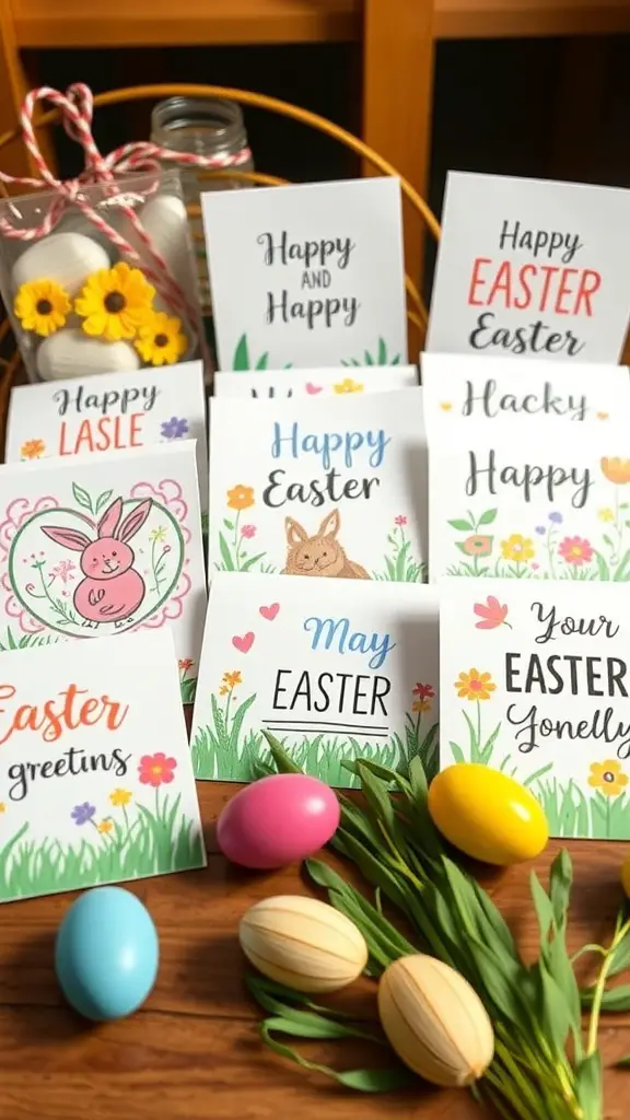 A collection of colorful Easter greeting cards with cheerful messages and decorative elements.