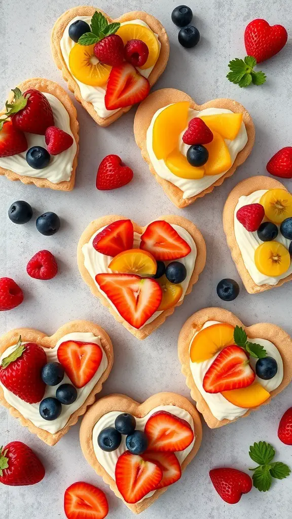 A variety of heart-shaped fruit tarts topped with strawberries, blueberries, and peaches.