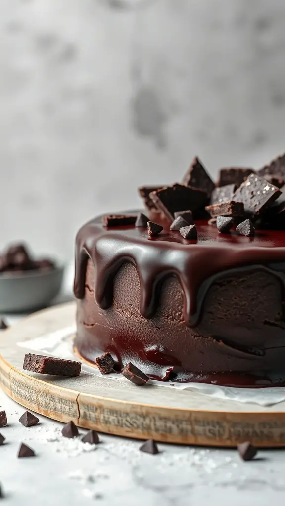 A rich Red Wine Chocolate Cake topped with chocolate chunks and a glossy ganache.