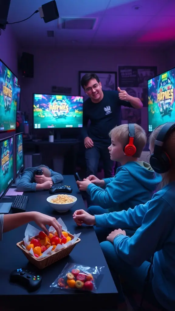 Kids enjoying a video game tournament with snacks and drinks