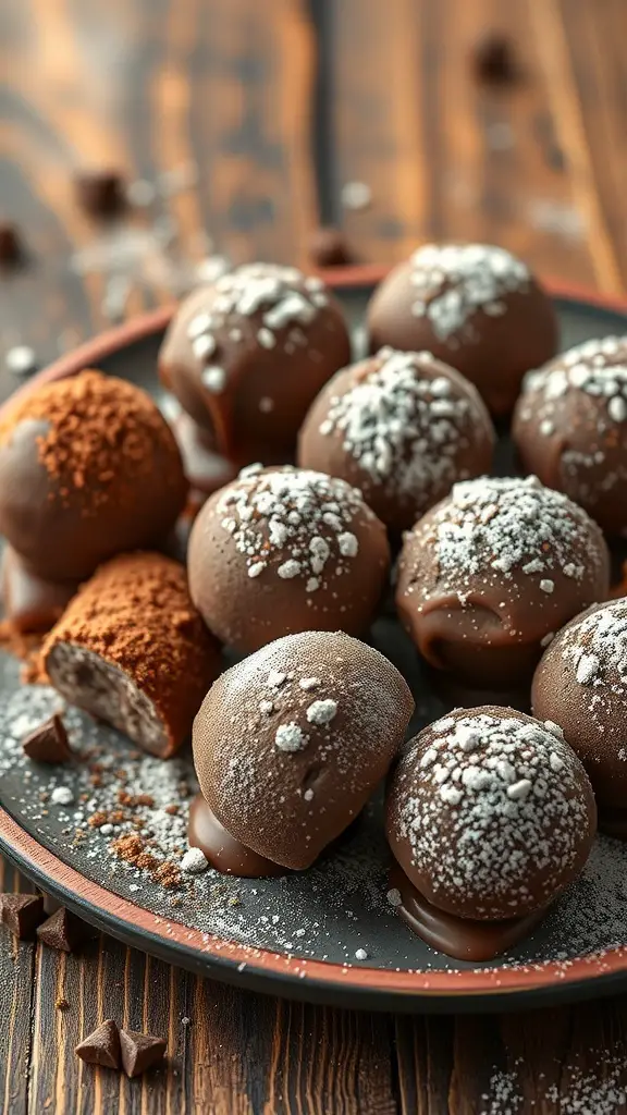 A plate of caramel chocolate truffles dusted with powdered sugar and cocoa powder.