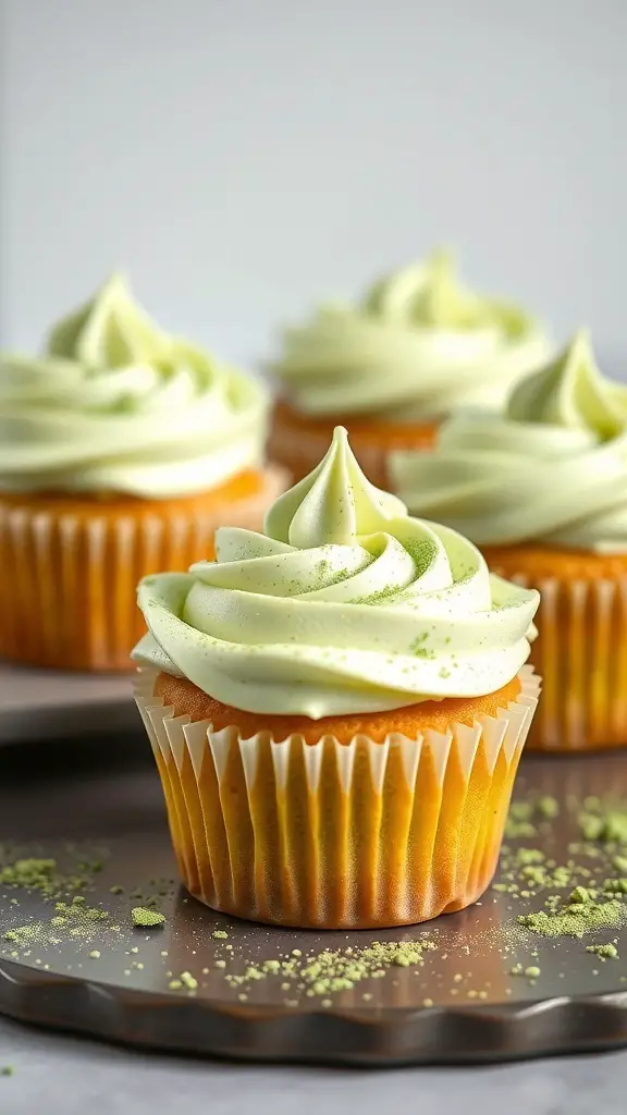 Delicious matcha green tea cupcakes with green frosting