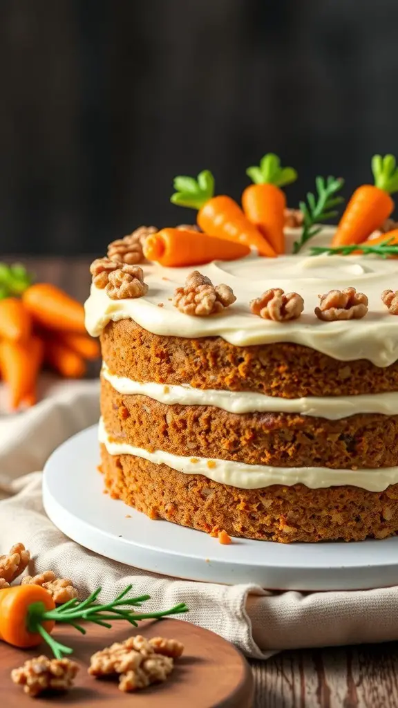 A three-layer carrot cake with cream cheese frosting, decorated with small carrots and walnuts.