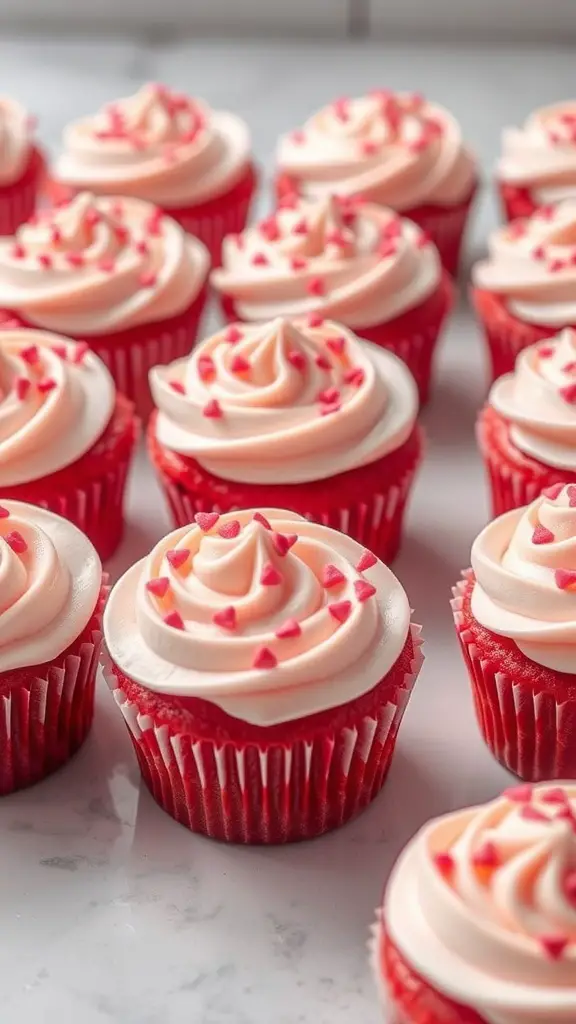 A close-up of pink velvet cupcakes with cream cheese frosting and heart-shaped sprinkles.
