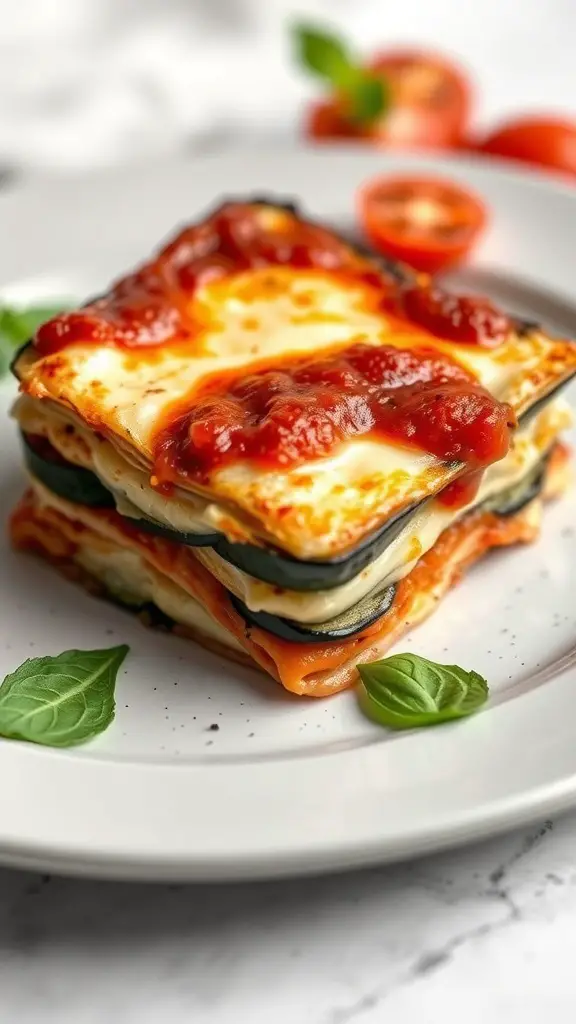 A delicious serving of eggplant lasagna with layers of cheese and marinara sauce, garnished with fresh basil.