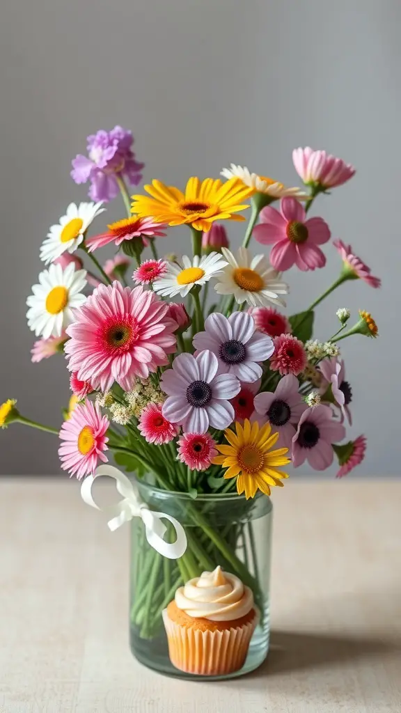 A bouquet of colorful flowers in a glass vase with a cupcake at the base.