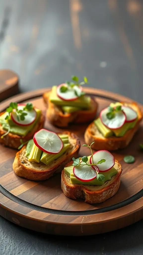A wooden platter with avocado toast bites topped with radishes and microgreens.