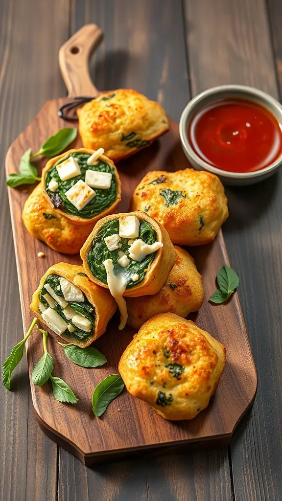 Savory spinach and feta puffs on a wooden board with a side of dipping sauce