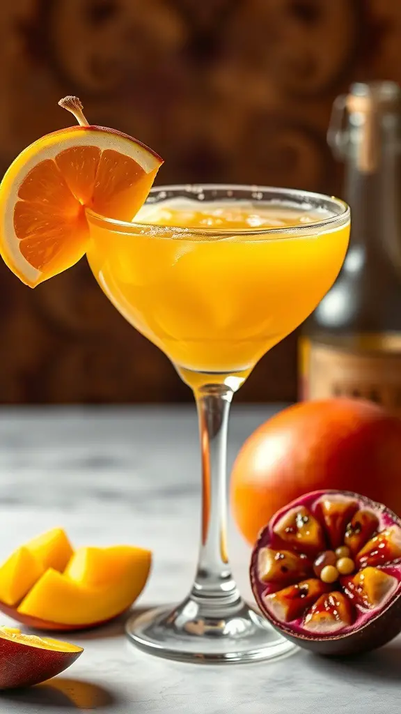 A Mango Passionfruit Daiquiri in a glass, garnished with an orange slice, surrounded by fresh mango and passionfruit.
