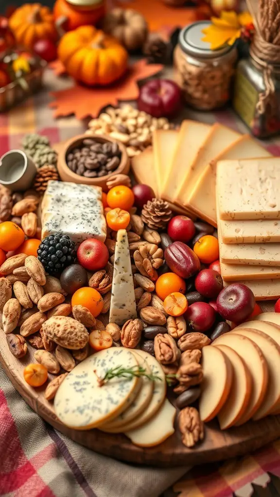 A seasonal harvest grazing board featuring various cheeses, nuts, and fruits, decorated with pumpkins and autumn leaves.