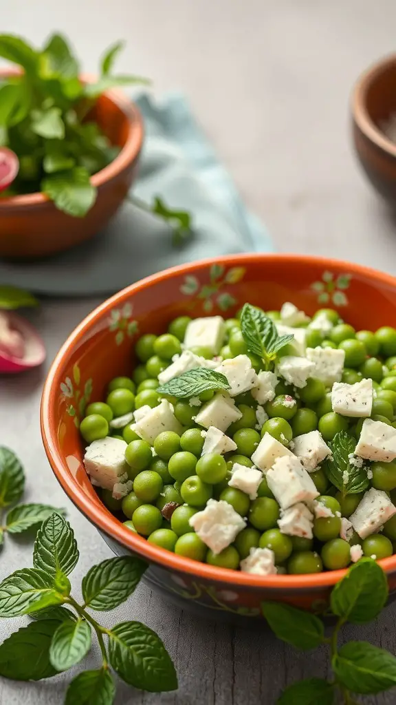 A colorful bowl of Spring Pea Salad with Mint, featuring green peas, crumbled feta cheese, and fresh mint leaves.