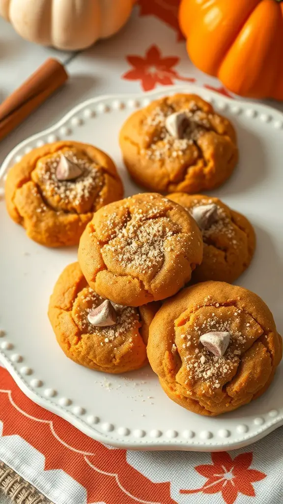 A plate of pumpkin spice cookies topped with chocolate and sprinkled with nutmeg.