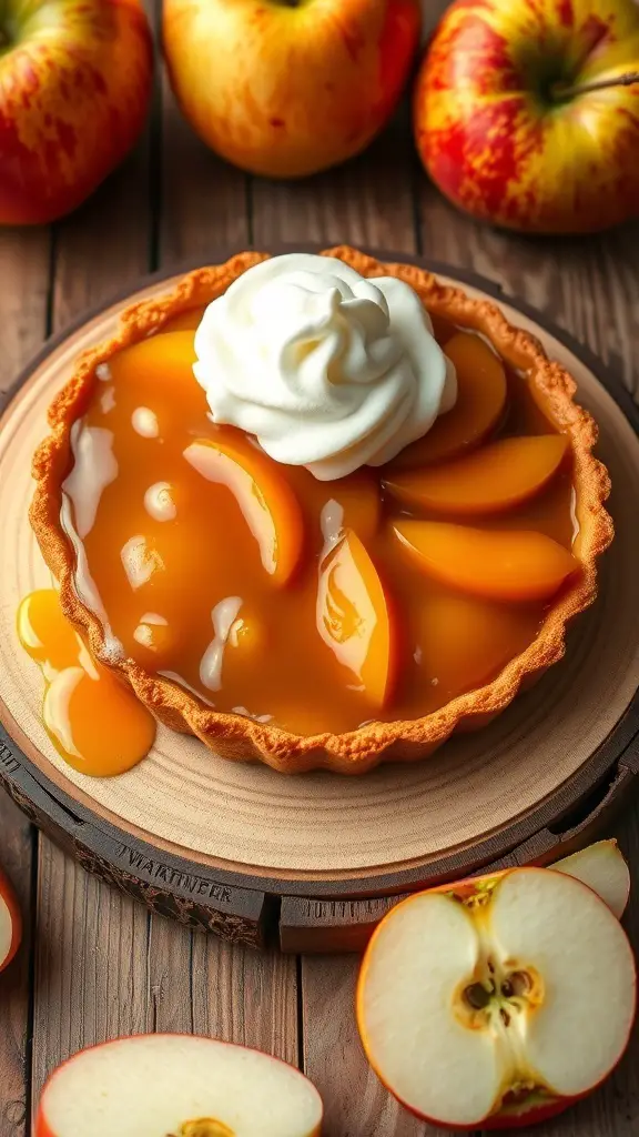 A delicious caramel apple tart topped with whipped cream, surrounded by fresh apples.