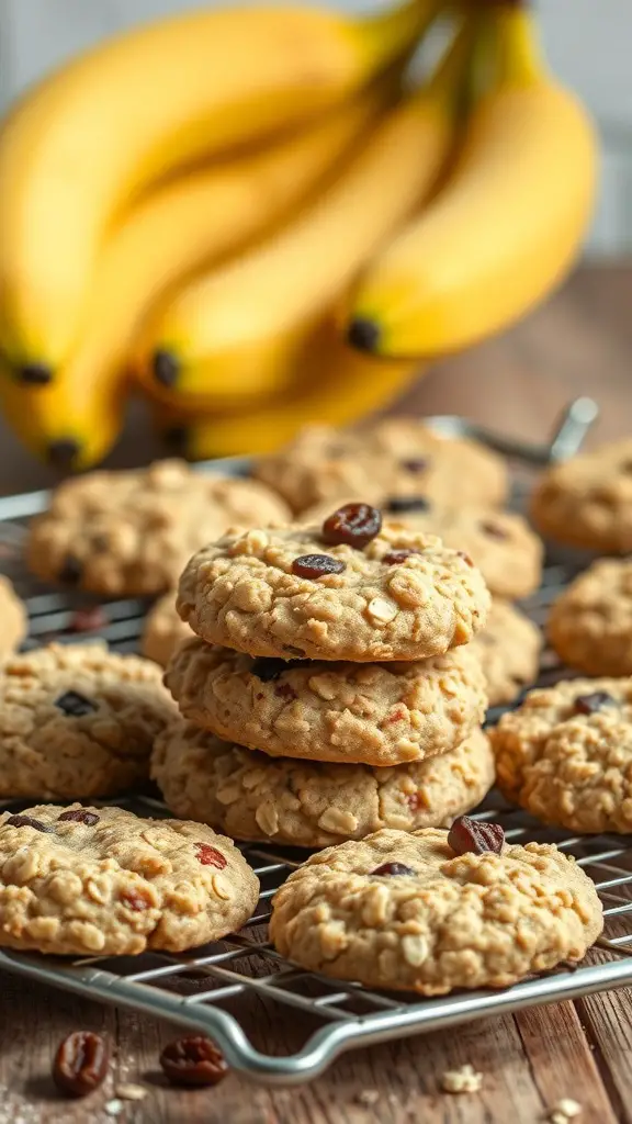 A stack of banana oatmeal cookies with raisins on a cooling rack, with fresh bananas in the background.
