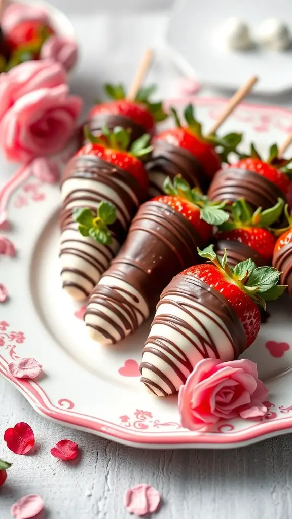 A plate of chocolate-covered strawberry skewers decorated with roses and petals.