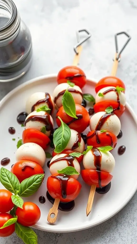 Caprese skewers with cherry tomatoes, mozzarella balls, and basil drizzled with balsamic glaze on a plate.