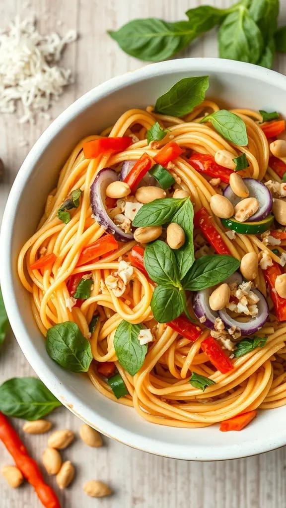 A bowl of Tangy Thai Noodle Salad with colorful vegetables and herbs.