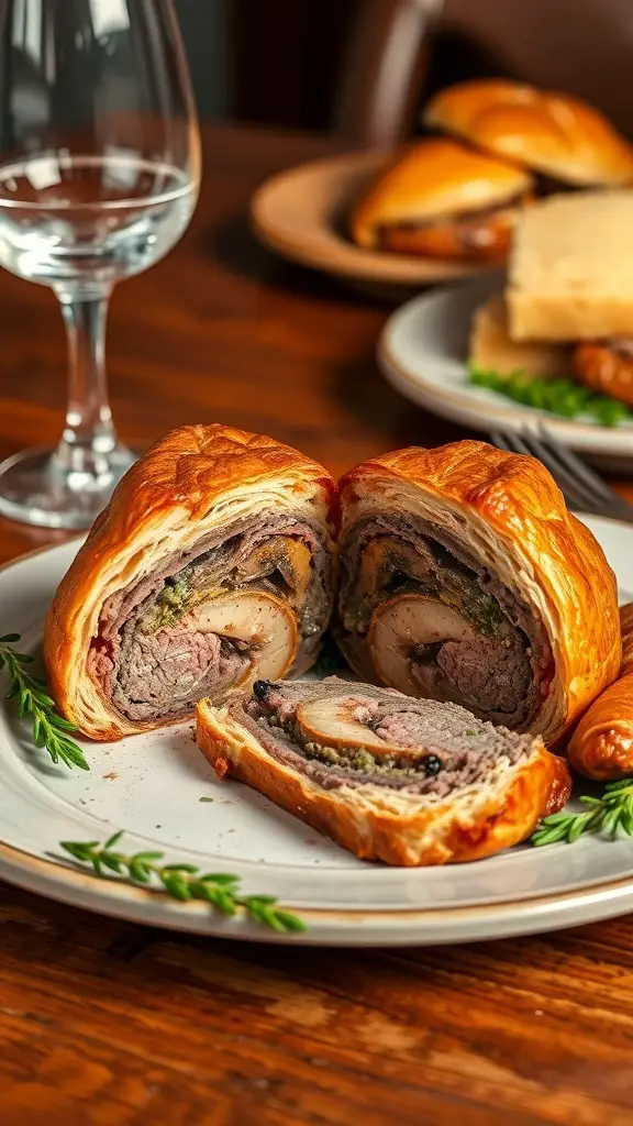 A beautifully sliced Beef Wellington showcasing layers of beef and mushroom duxelles, served on a plate.