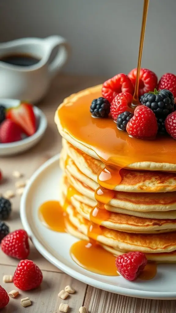 A stack of heart-shaped pancakes topped with syrup and fresh berries.
