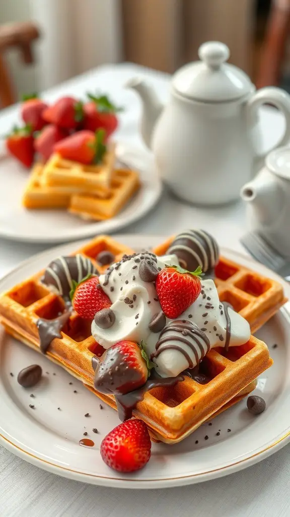 A plate of chocolate-covered strawberry waffles topped with whipped cream and fresh strawberries.