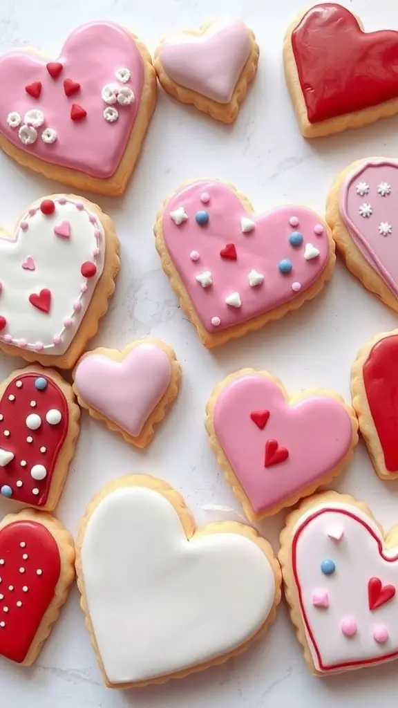 A variety of heart-shaped sugar cookies decorated with fondant in pink, red, and white colors.