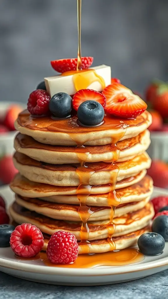 A stack of almond flour pancakes topped with berries and syrup.