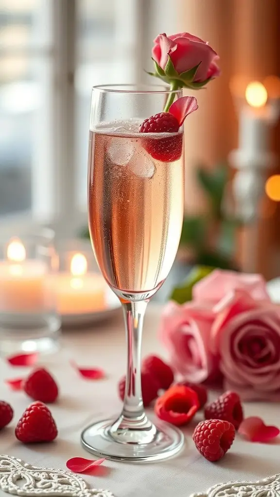 A glass of Raspberry Rose Champagne Cocktail garnished with raspberries and a rose petal, surrounded by rose petals and candles.