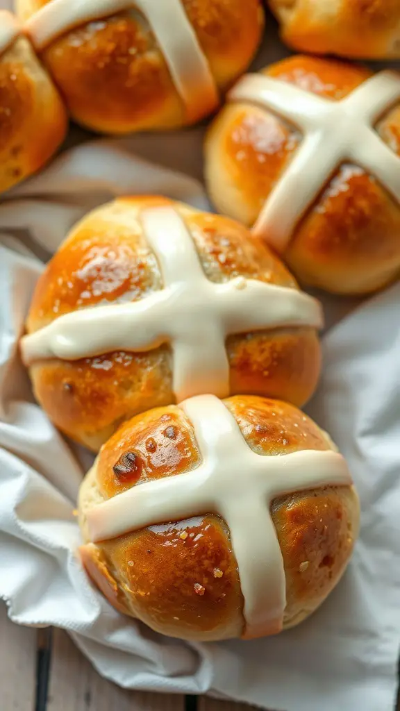 Freshly baked hot cross buns with a shiny glaze and icing crosses on top.