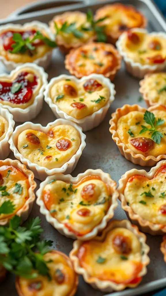 A tray of heart-shaped mini quiches with various toppings