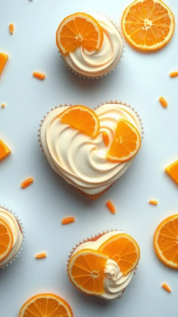 Heart shaped cupcakes with orange slices and creamy frosting