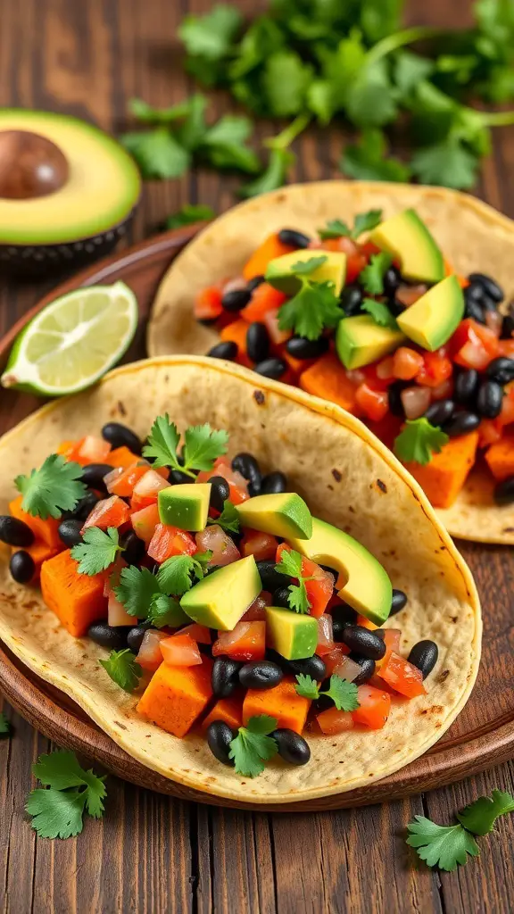 Sweet potato and black bean tacos with avocado and cilantro on a wooden table