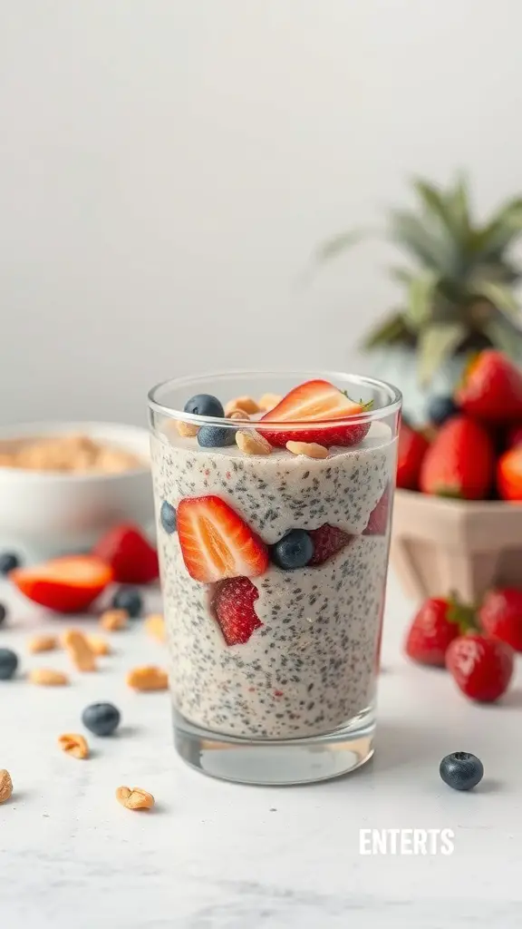 A glass of chia seed pudding topped with strawberries and blueberries, with more berries in the background.