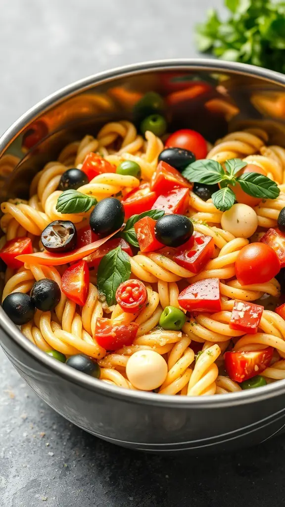 A bowl of pasta salad with colorful vegetables including tomatoes, olives, and basil.