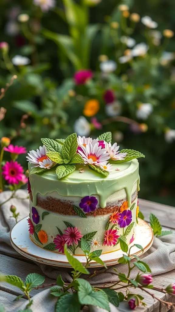 A mint and wildflower cake decorated with edible flowers and mint leaves, set against a backdrop of greenery.